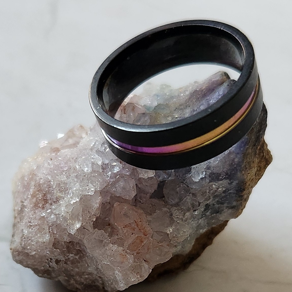 Men Black Brushed Black Ring Rainbow Line Wedding Party Band Male Sz 12